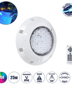 GloboStar® POOLΕΤΙ 61542 PRO Φωτιστικό Πισίνας LED 25W 1750lm 120° AC 12V Αδιάβροχο IP68 IK06 Tempered Glass Φ30 x Υ6.5cm RGB με Ασύρματο Χειριστήριο RF 2.4Ghz Εμβέλειας 60 Μέτρων – Bridgelux Chip – 2 Meter VDE Certified Cable – 3 Years Warranty