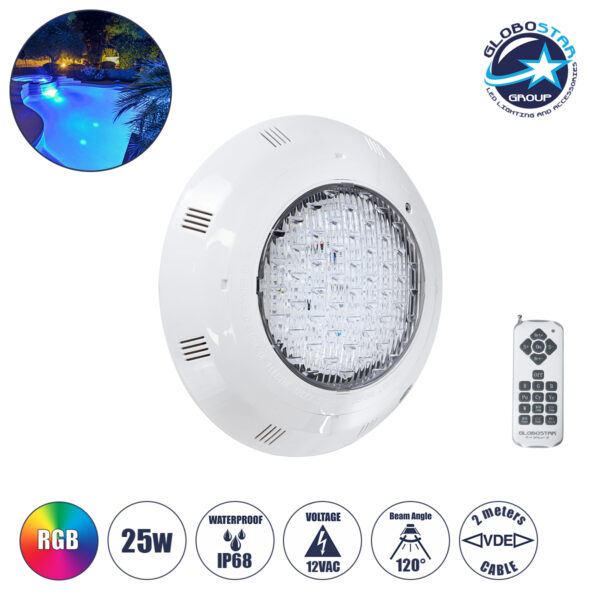 GloboStar® POOLΕΤΙ 61542 PRO Φωτιστικό Πισίνας LED 25W 1750lm 120° AC 12V Αδιάβροχο IP68 IK06 Tempered Glass Φ30 x Υ6.5cm RGB με Ασύρματο Χειριστήριο RF 2.4Ghz Εμβέλειας 60 Μέτρων - Bridgelux Chip - 2 Meter VDE Certified Cable - 3 Years Warranty