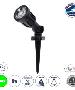 GloboStar® GARDENINI 61544 Καρφωτό Φωτιστικό Σποτ Κήπου LED 5W 550lm 38° DC 24V IP68 Υψηλής Αντοχής ABS IK06 Φ5.5 x Υ13.5cm – Πράσινο 550nm Dimmable – Μαύρο – Bridgelux Chip – 3 Years Warranty