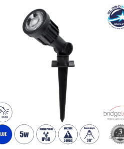 GloboStar® GARDENINI 61545 Καρφωτό Φωτιστικό Σποτ Κήπου LED 5W 550lm 38° DC 24V IP68 Υψηλής Αντοχής ABS IK06 Φ5.5 x Υ13.5cm – Μπλε 450nm Dimmable – Μαύρο – Bridgelux Chip – 3 Years Warranty