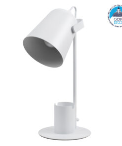 GloboStar® PENCASE 61564 Μοντέρνο Επιτραπέζιο Φωτιστικό Γραφείου – Πορτατίφ – Μονόφωτο 1 x E27 Λευκό Μεταλλικό Καμπάνα με Διακόπτη On/Off – Μολυβοθήκη & Βάση Τηλεφώνου – L12 x W15 x H38cm