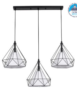 GloboStar® EIFFEL 61569 Vintage Κρεμαστό Φωτιστικό Οροφής Τρίφωτο 3 x E27 Μαύρο Μεταλλικό Πλέγμα με Λευκό Ύφασμα Μ68 x Π25 x Υ130cm