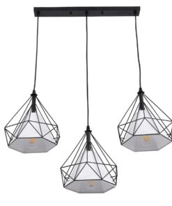 GloboStar® EIFFEL 61569 Vintage Κρεμαστό Φωτιστικό Οροφής Τρίφωτο 3 x E27 Μαύρο Μεταλλικό Πλέγμα με Λευκό Ύφασμα Μ68 x Π25 x Υ130cm