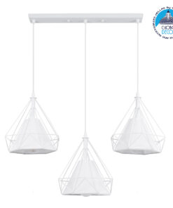 GloboStar® EIFFEL 61570 Vintage Κρεμαστό Φωτιστικό Οροφής Τρίφωτο 3 x E27 Λευκό Μεταλλικό Πλέγμα με Λευκό Ύφασμα Μ68 x Π25 x Υ130cm