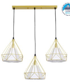GloboStar® EIFFEL 61571 Vintage Κρεμαστό Φωτιστικό Οροφής Τρίφωτο 3 x E27 Χρυσό Μεταλλικό Πλέγμα με Λευκό Ύφασμα Μ68 x Π25 x Υ130cm
