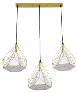 GloboStar® EIFFEL 61571 Vintage Κρεμαστό Φωτιστικό Οροφής Τρίφωτο 3 x E27 Χρυσό Μεταλλικό Πλέγμα με Λευκό Ύφασμα Μ68 x Π25 x Υ130cm