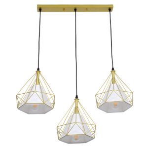 GloboStar® EIFFEL 61571 Vintage Κρεμαστό Φωτιστικό Οροφής Τρίφωτο 3 x E27 Χρυσό Μεταλλικό Πλέγμα με Λευκό Ύφασμα Μ68 x Π25 x Υ130cm