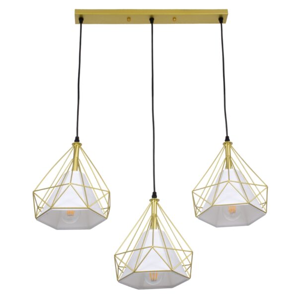 GloboStar® EIFFEL 61571 Vintage Κρεμαστό Φωτιστικό Οροφής Τρίφωτο 3 x E27 Χρυσό Μεταλλικό Πλέγμα με Λευκό Ύφασμα Μ68 x Π25 x Υ130cm