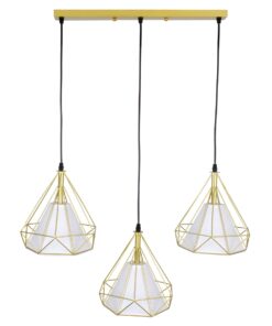 GloboStar® EIFFEL 61571 Vintage Κρεμαστό Φωτιστικό Οροφής Τρίφωτο 3 x E27 Χρυσό Μεταλλικό Πλέγμα με Λευκό Ύφασμα Μ68 x Π25 x Υ130cm