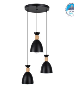 GloboStar® AVA 61572 Μοντέρνο Κρεμαστό Φωτιστικό Οροφής Τρίφωτο 3 x E27 Μαύρο Μεταλλικό Καμπάνα με Ξύλινη Λεπτομέρεια Φ35 x Υ130cm