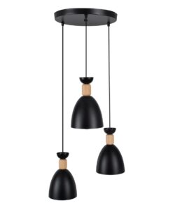 GloboStar® AVA 61572 Μοντέρνο Κρεμαστό Φωτιστικό Οροφής Τρίφωτο 3 x E27 Μαύρο Μεταλλικό Καμπάνα με Ξύλινη Λεπτομέρεια Φ35 x Υ130cm