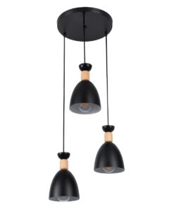 GloboStar® AVA 61572 Μοντέρνο Κρεμαστό Φωτιστικό Οροφής Τρίφωτο 3 x E27 Μαύρο Μεταλλικό Καμπάνα με Ξύλινη Λεπτομέρεια Φ35 x Υ130cm