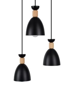 GloboStar® AVA 61572 Μοντέρνο Κρεμαστό Φωτιστικό Οροφής Τρίφωτο 3 x E27 Μαύρο Μεταλλικό Καμπάνα με Ξύλινη Λεπτομέρεια Φ35 x Υ130cm