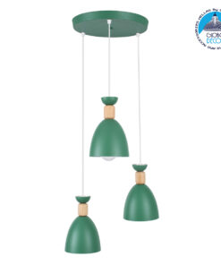 GloboStar® AVA 61575 Μοντέρνο Κρεμαστό Φωτιστικό Οροφής Τρίφωτο 3 x E27 Πράσινο Κυπαρισσί Μεταλλικό Καμπάνα με Ξύλινη Λεπτομέρεια Φ35 x Υ130cm