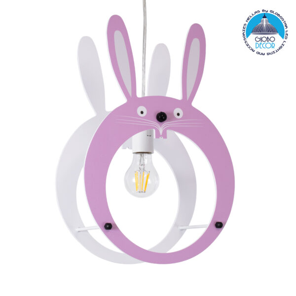 GloboStar® BUNNY 61577 Μοντέρνο Παιδικό Κρεμαστό Φωτιστικό Οροφής Μονόφωτο 1 x E27 Ροζ PVC Φιγούρα Λαγουδάκι Μ27.2 x Π15.5 x Υ40cm