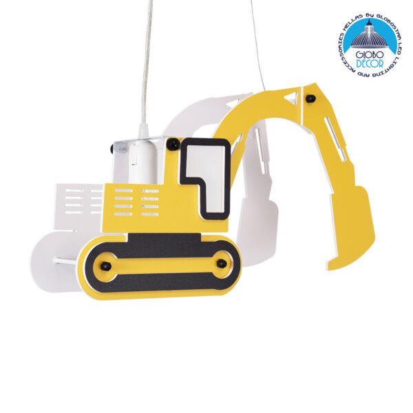 GloboStar® EXCAVATOR 61579 Μοντέρνο Παιδικό Κρεμαστό Φωτιστικό Οροφής Μονόφωτο 1 x E27 Κίτρινο PVC Φιγούρα Εκσκαφέας-Φαγάνα Μ45 x Π15.5 x Υ27cm