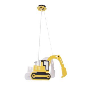 GloboStar® EXCAVATOR 61579 Μοντέρνο Παιδικό Κρεμαστό Φωτιστικό Οροφής Μονόφωτο 1 x E27 Κίτρινο PVC Φιγούρα Εκσκαφέας-Φαγάνα Μ45 x Π15.5 x Υ27cm