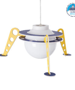 GloboStar® UFO 61581 Μοντέρνο Παιδικό Κρεμαστό Φωτιστικό Οροφής Μονόφωτο 1 x E27 Κίτρινο & Μπλε PVC Φιγούρα Διαστημόπλοιο-Ούφο Φ58 x Υ24cm
