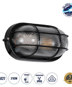 GloboStar® BOATLIGHT 61583 Vintage Industrial Φωτιστικό Τοίχου – Απλίκα – Καραβοχελώνα Εξωτερικού Χώρου Μονόφωτο 1 x E27 AC220-240V Αδιάβροχο IP65 – Σώμα Αλουμινίου & Tempered Glass – Μ21 x Π10.4 x Υ9cm – Μαύρο – Οβάλ – 5 Years Warranty