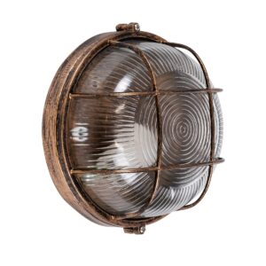 GloboStar® BOATLIGHT 61587 Vintage Industrial Φωτιστικό Τοίχου – Απλίκα – Καραβοχελώνα Εξωτερικού Χώρου Μονόφωτο 1 x E27 AC220-240V Αδιάβροχο IP65 – Σώμα Αλουμινίου & Tempered Glass – Φ17.5 x Υ9cm – Αντικέ Μπρονζέ – Στρόγγυλο – 5 Years Warranty