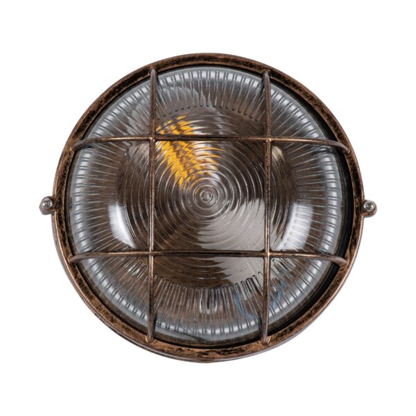 GloboStar® BOATLIGHT 61587 Vintage Industrial Φωτιστικό Τοίχου – Απλίκα – Καραβοχελώνα Εξωτερικού Χώρου Μονόφωτο 1 x E27 AC220-240V Αδιάβροχο IP65 – Σώμα Αλουμινίου & Tempered Glass – Φ17.5 x Υ9cm – Αντικέ Μπρονζέ – Στρόγγυλο – 5 Years Warranty