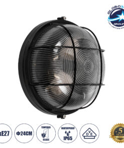 GloboStar® BOATLIGHT 61589 Vintage Industrial Φωτιστικό Τοίχου – Απλίκα – Καραβοχελώνα Εξωτερικού Χώρου Δίφωτο 2 x E27 AC220-240V Αδιάβροχο IP65 – Σώμα Αλουμινίου & Tempered Glass – Φ24 x Υ11cm – Μαύρο – Στρόγγυλο – 5 Years Warranty