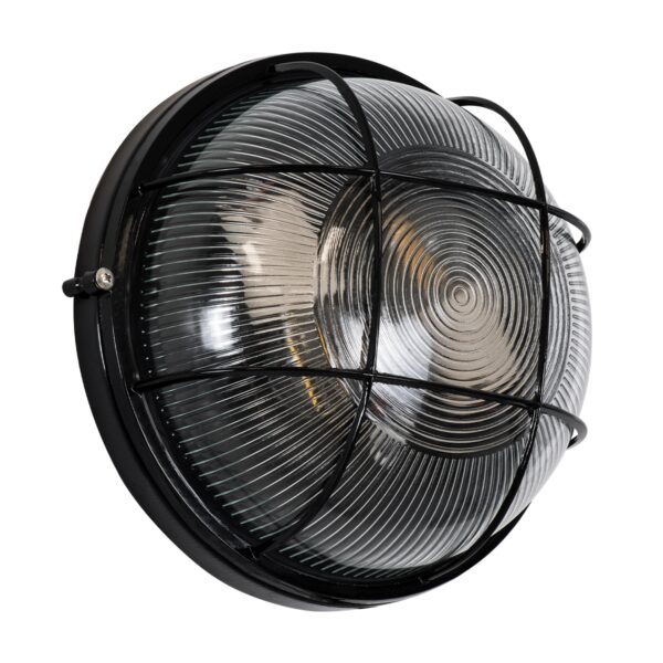 GloboStar® BOATLIGHT 61589 Vintage Industrial Φωτιστικό Τοίχου – Απλίκα – Καραβοχελώνα Εξωτερικού Χώρου Δίφωτο 2 x E27 AC220-240V Αδιάβροχο IP65 – Σώμα Αλουμινίου & Tempered Glass – Φ24 x Υ11cm – Μαύρο – Στρόγγυλο – 5 Years Warranty