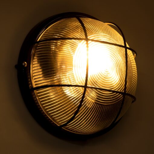 GloboStar® BOATLIGHT 61589 Vintage Industrial Φωτιστικό Τοίχου – Απλίκα – Καραβοχελώνα Εξωτερικού Χώρου Δίφωτο 2 x E27 AC220-240V Αδιάβροχο IP65 – Σώμα Αλουμινίου & Tempered Glass – Φ24 x Υ11cm – Μαύρο – Στρόγγυλο – 5 Years Warranty