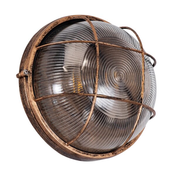 GloboStar® BOATLIGHT 61590 Vintage Industrial Φωτιστικό Τοίχου – Απλίκα – Καραβοχελώνα Εξωτερικού Χώρου Δίφωτο 2 x E27 AC220-240V Αδιάβροχο IP65 – Σώμα Αλουμινίου & Tempered Glass – Φ24 x Υ11cm – Αντικέ Μπρονζέ – Στρόγγυλο – 5 Years Warranty