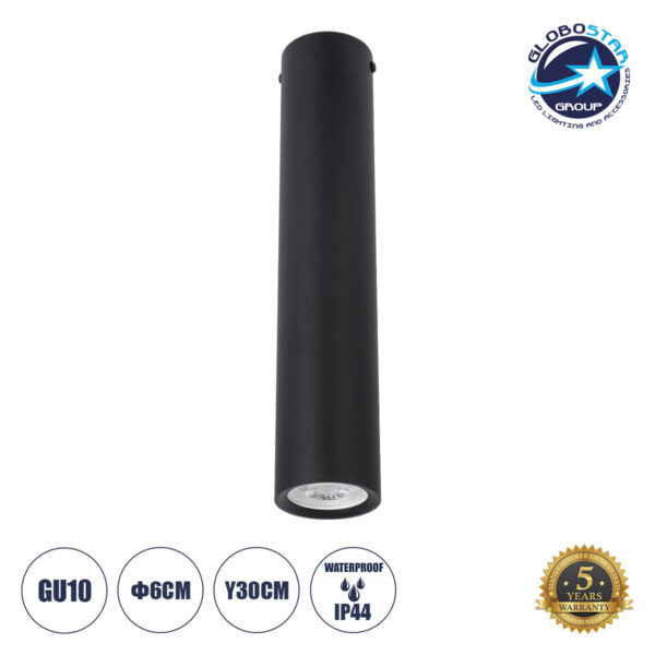 GloboStar® DUCT 61618 Επιφανειακό Στρόγγυλο Φωτιστικό Σποτ Αλουμινίου με Ντουί GU10 VDE Certified AC 220-240V IP44 Φ6 x Υ30cm - Μαύρο - 5 Years Warranty