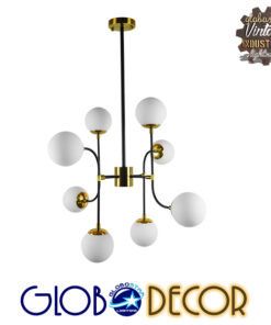 GloboStar® STARDUST 01649 Vintage Industrial Φωτιστικό Οροφής Πολύφωτο Μαύρο – Χρυσό Μεταλλικό Πολυέλαιος με Γυάλινες Μπάλες Λευκό Ματ Φ75 x Y100cm