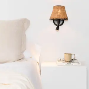 Faro Barcelona SUMBA Επιτοίχιο Φωτιστικό E27 15W σε Μαύρο/Ραττάν με Αναγνώστη LED 3W 3000K  – 64309-71
