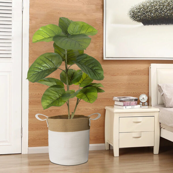 GloboStar® Artificial Garden SAMOTHRAKI 20199 Διακοσμητικό Πλεκτό Καλάθι – Κασπώ Γλάστρα – Flower Pot  Μπεζ με Λευκό Π35cm x Υ40cm