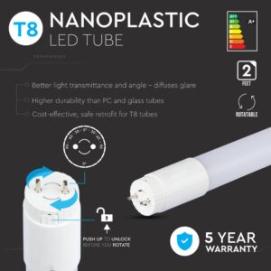 LED Λάμπα T8 G13 60cm 9W Rotation V-TAC PRO Samsung Chip 160° 850lm Θερμό 3000K – 21650