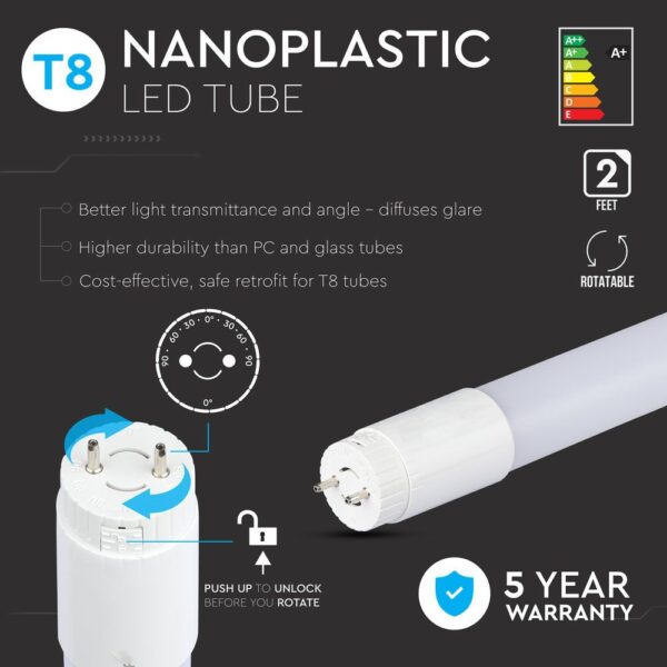 LED Λάμπα T8 G13 60cm 9W Rotation V-TAC PRO Samsung Chip 160° 850lm Θερμό 3000K – 21650