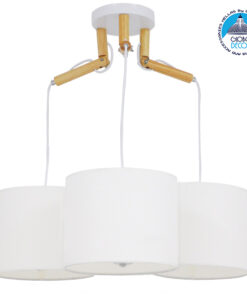 GloboStar® RAMSON 01526 Μοντέρνο Κρεμαστό Φωτιστικό Οροφής Τρίφωτο 3 x E27 Λευκό με Ξύλο και Υφασμάτινα Καπελα Φ67 x Υ65cm
