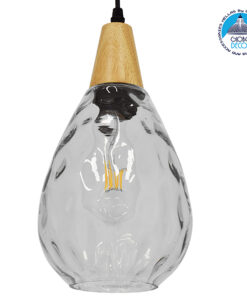 GloboStar® NOAH 01491 Μοντέρνο Κρεμαστό Φωτιστικό Οροφής Μονόφωτο 1 x E27 Γυάλινο με Ξύλο Διάφανο Φ16 x Υ30cm