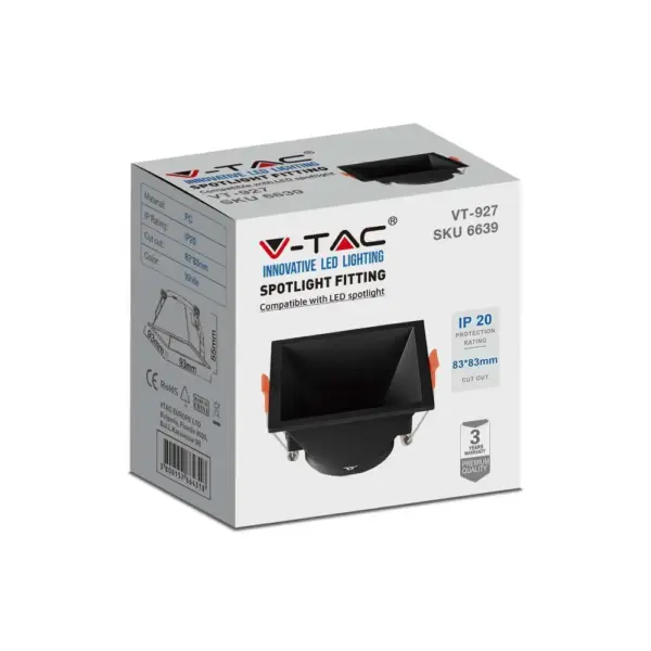 Χωνευτό φωτιστικό Spot GU10 τετράγωνο μαύρο V-TAC – 6639