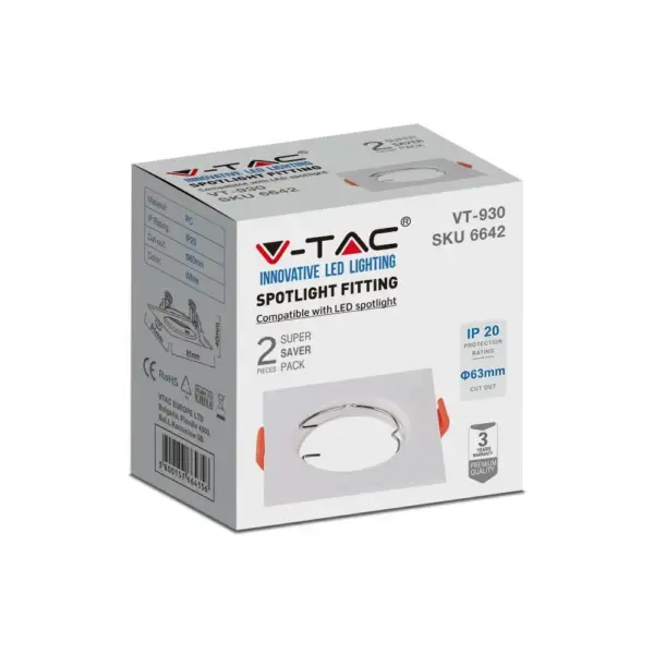 Χωνευτό φωτιστικό Spot GU10 τετράγωνο λευκό 2 τμχ. V-TAC – 6642