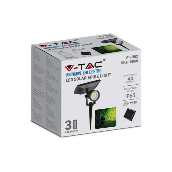 Ηλιακό Φωτιστικό Κήπου Καρφί LED 2W Μαύρο V-TAC Αδιάβροχο IP65 Θερμό 3000K – 6660