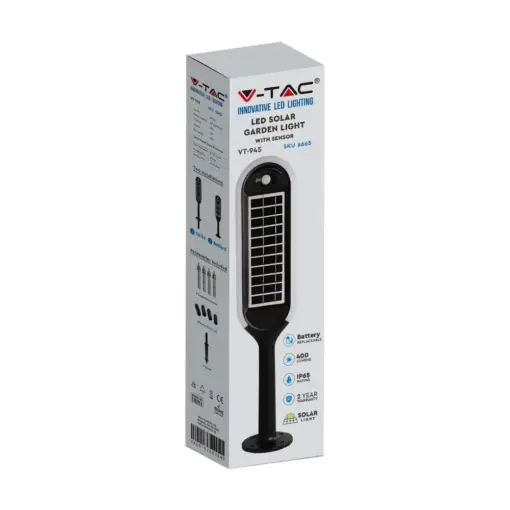 LED ηλιακό φωτιστικό κήπου 5W IP65 θερμό λευκό 3000K με ανιχνευτή κίνησης & φωτός με μαύρο σώμα V-TAC – 6666