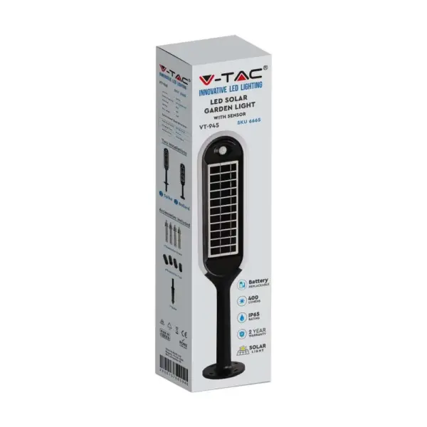 LED ηλιακό φωτιστικό κήπου 5W IP65 θερμό λευκό 3000K με ανιχνευτή κίνησης & φωτός με μαύρο σώμα V-TAC – 6666