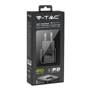 Ταχυφορτιστής ταξιδίου 20W δύο θυρών USB & Type-C με μαύρο σώμα V-TAC – 6677