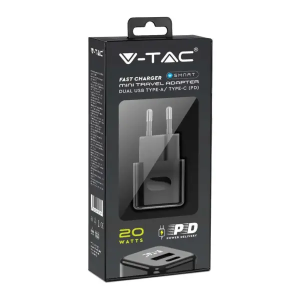 Ταχυφορτιστής ταξιδίου 20W δύο θυρών USB & Type-C με μαύρο σώμα V-TAC – 6677