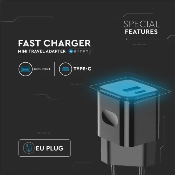 Ταχυφορτιστής ταξιδίου 20W δύο θυρών USB & Type-C με μαύρο σώμα V-TAC – 6677