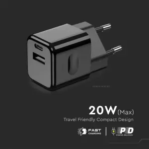 Ταχυφορτιστής ταξιδίου 20W δύο θυρών USB & Type-C με μαύρο σώμα V-TAC – 6677