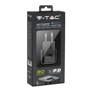 Ταχυφορτιστής ταξιδίου 30W δύο θυρών USB & Type-C με μαύρο σώμα V-TAC – 6679