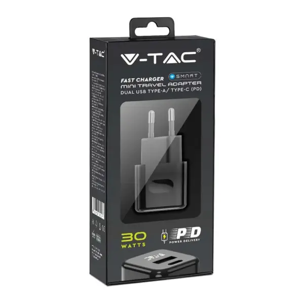Ταχυφορτιστής ταξιδίου 30W δύο θυρών USB & Type-C με μαύρο σώμα V-TAC – 6679