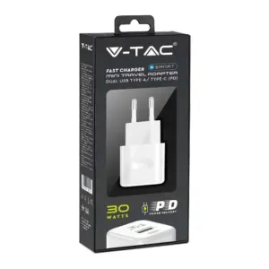 Ταχυφορτιστής ταξιδίου 30W δύο θυρών USB & Type-C με λευκό σώμα V-TAC – 6680