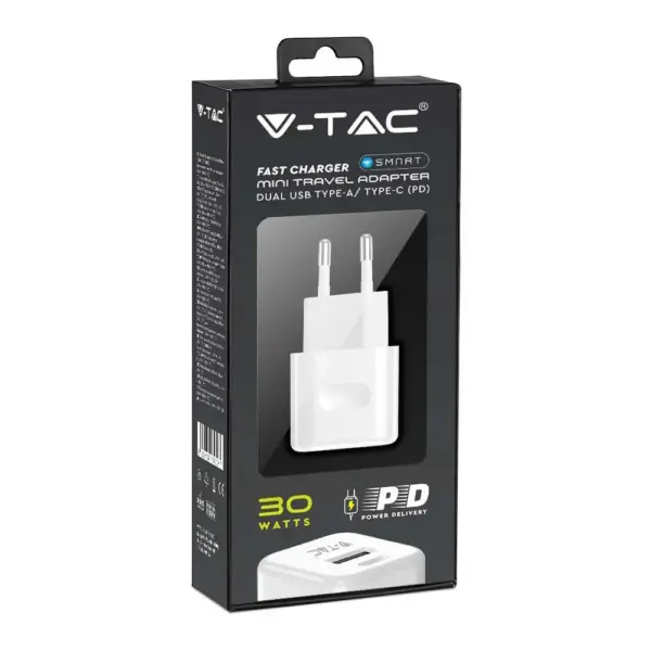 Ταχυφορτιστής ταξιδίου 30W δύο θυρών USB & Type-C με λευκό σώμα V-TAC – 6680